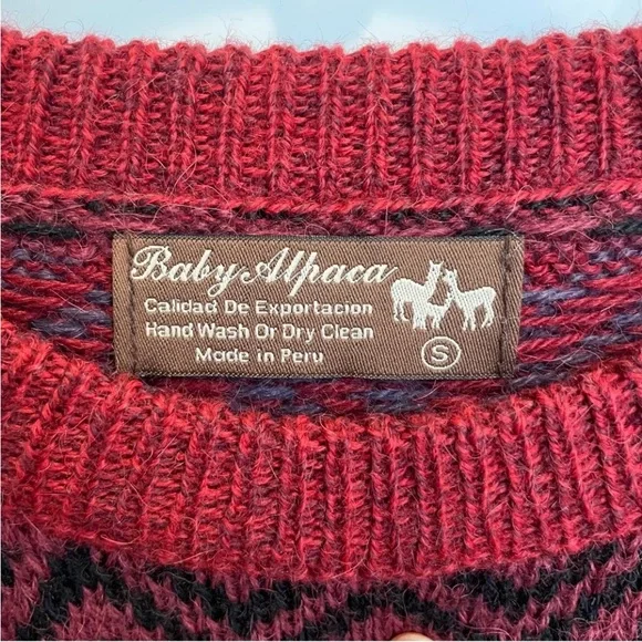 Vintage Baby Alpaca Fair Isle Sweater Cranberry Red Multicolor Men’s Size Small - Picture 3 of 15